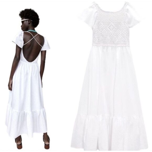 Zara Crochet Linen Maxi Dress Low Back Flutter Sleeve Women’s XL - Picture 1 of 16